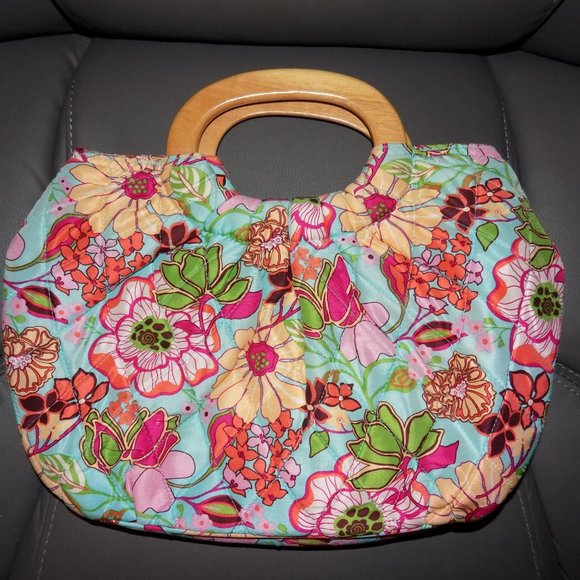 VERA BRADLEY WOODEN HANDLED SILK QUILTED PURSE EUC - Picture 2 of 3